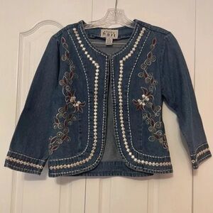 Vintage Keren Hart Embroidered Denim Jacket Open Front Stylish Festive Size XL